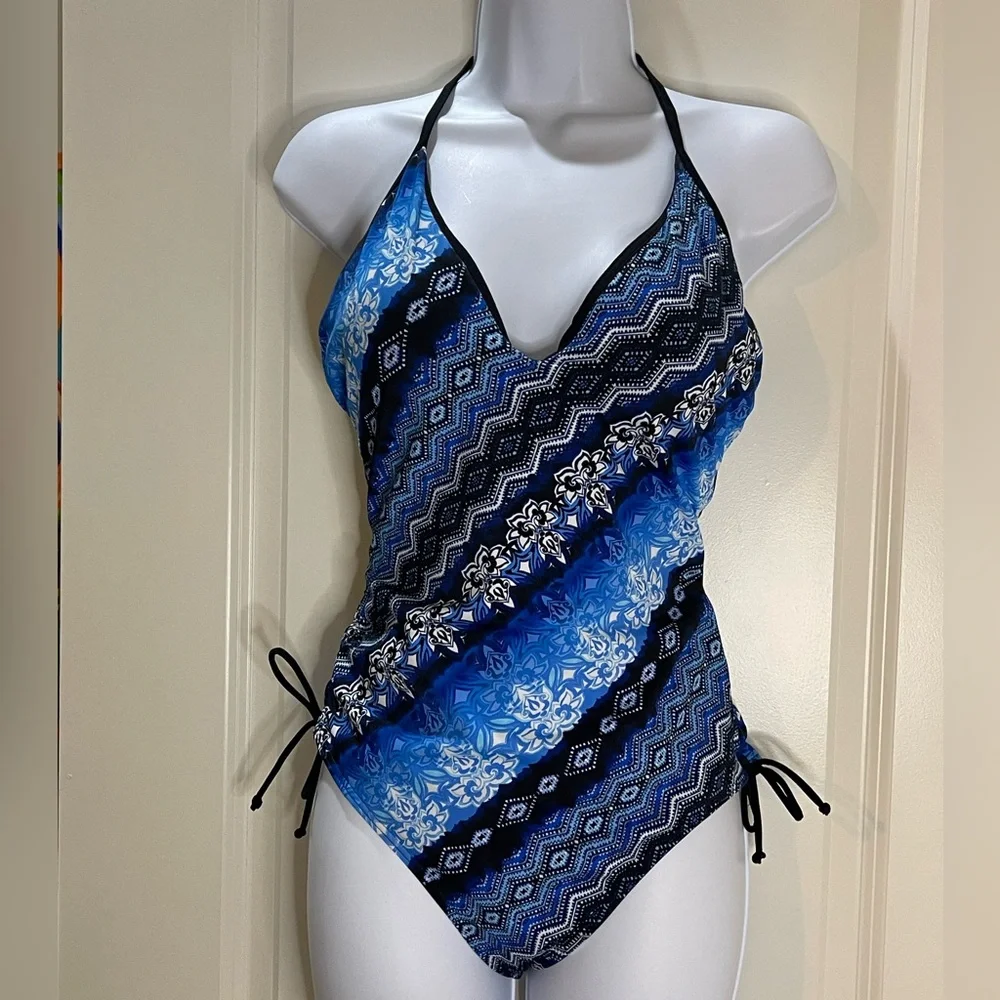 Swimsuits For All One Piece Halter Black and Blue Geometric Floral Size 8 NWT